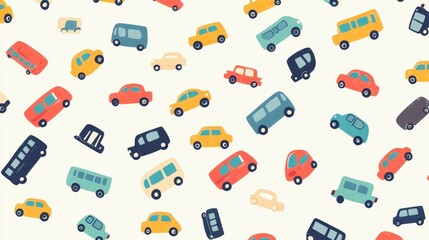Colorful vehicle pattern design featuring various cars and buses.