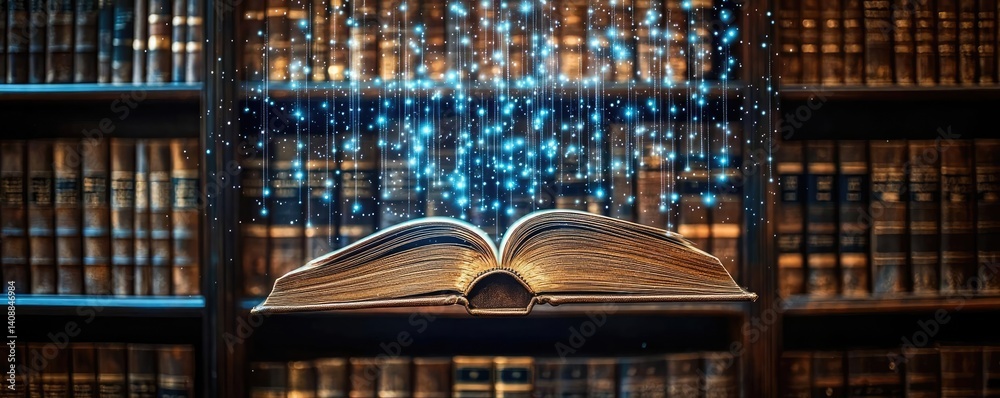 Poster books floating in the air on a library and shelf concept. a magical open book releasing sparkling li