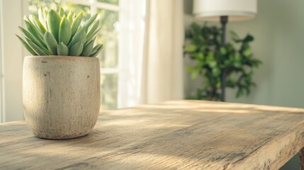 Indoor greenery potted succulent on rustic wooden table bright sunlit room home decor calm ambiance close-up view nature inspired design