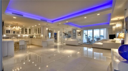 Luxurious, airy modern residence featuring a bright, open floor plan with marble floors and blue accent lighting