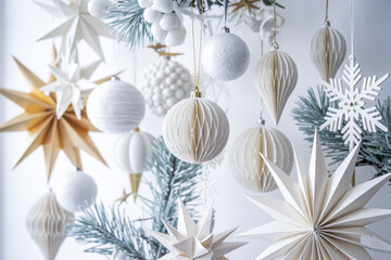 Elegant White Christmas Decoration With Baubles Snowflakes And Stars Ornament