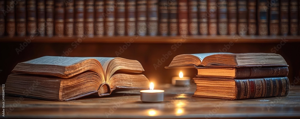 Poster Books floating in the air with flying and education concept. A calm setting with open books and candlelight for reading.
