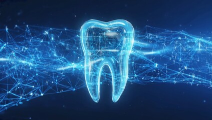 Futuristic digital tooth hologram with glowing blue network of connected lines and points, representing modern dental technology, innovation in oral medicine care, and high-tech healthcare solutions.