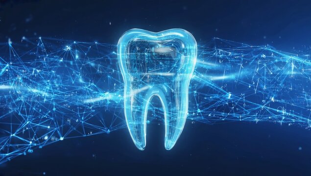 Futuristic digital tooth hologram with glowing blue network of connected lines and points, representing modern dental technology, innovation in oral medicine care, and high-tech healthcare solutions.