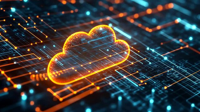 Futuristic cloud computing technology illustration with glowing circuit board pattern