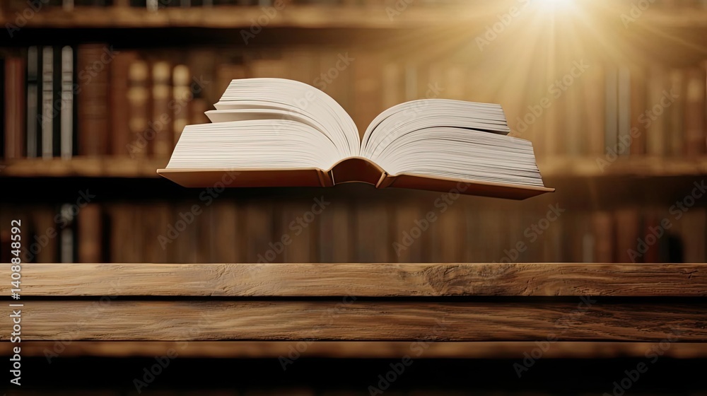 Poster books floating in the air on a library and shelf concept. an open book illuminated by sunlight in a 