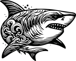 shark line pen ink ilustration vector on white background for sticker,tatto