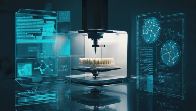 Futuristic 3D printer creating dental implants surrounded by digital holographic data, symbolizing innovation in dentistry, advanced medical technology, precision manufacturing, and healthcare AI.