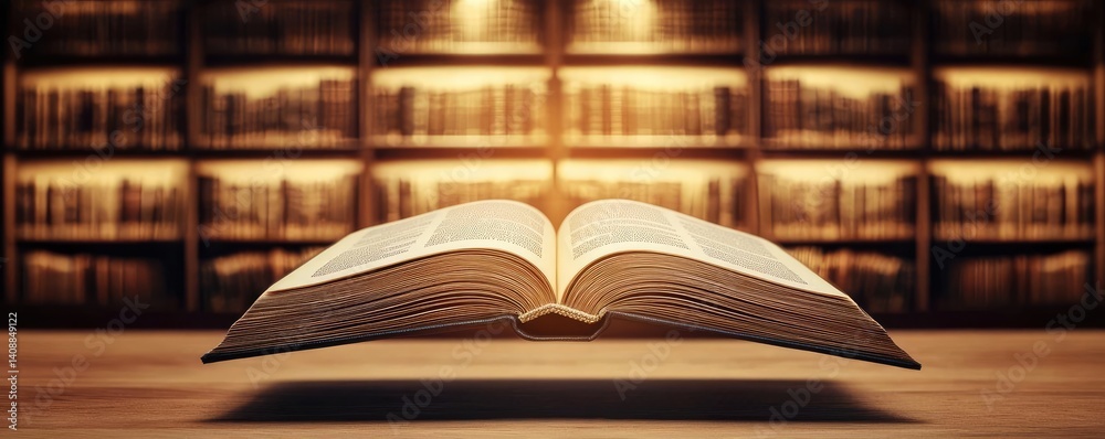 Poster books floating in the air on a library and shelf concept. an open book symbolizes knowledge and the 