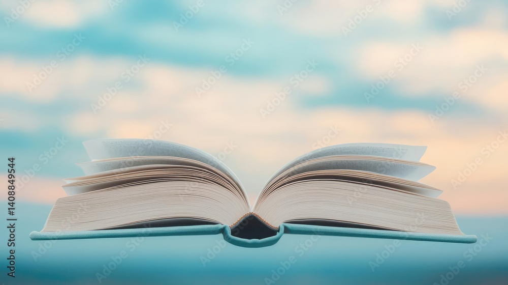 Aufkleber books floating in the air with flying and education concept. an open book against a serene sky backg