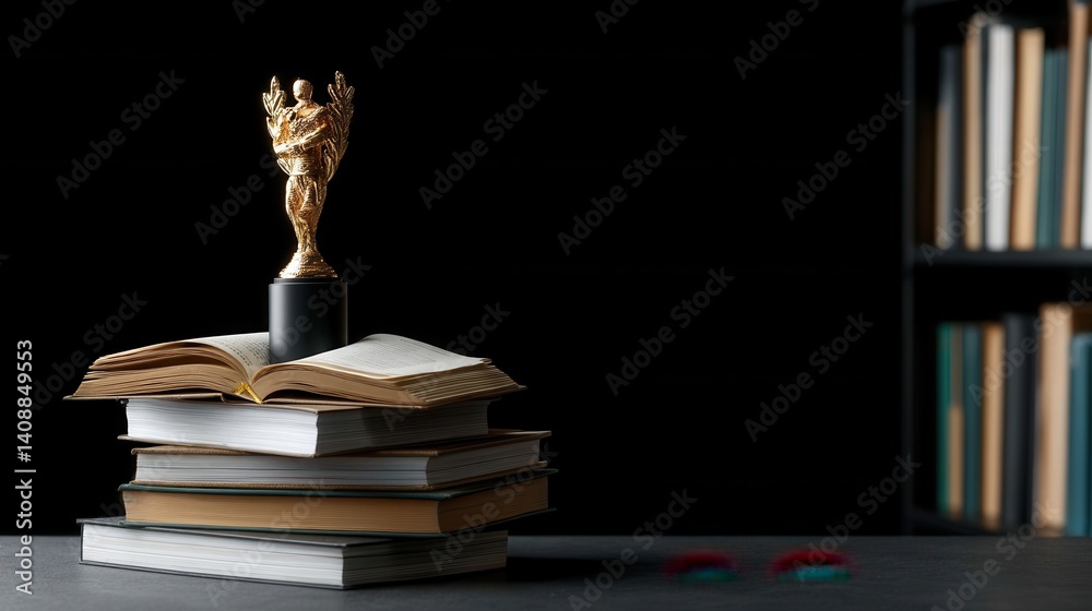 Poster a stack of books with a golden trophy on top