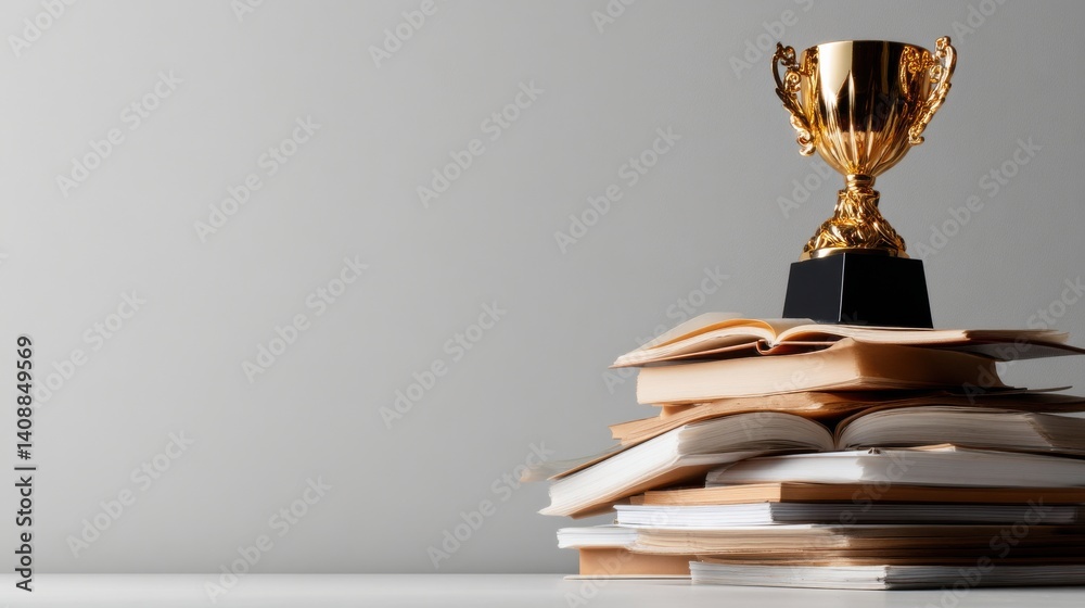 Poster a trophy sits on top of a stack of books
