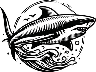 shark line pen ink ilustration vector on white background for sticker,tatto