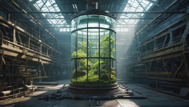 Green plants growing inside a futuristic glass cylinder in an abandoned industrial building with sunlight streaming through the roof symbolizing hope, nature, technology, environmental transformation.