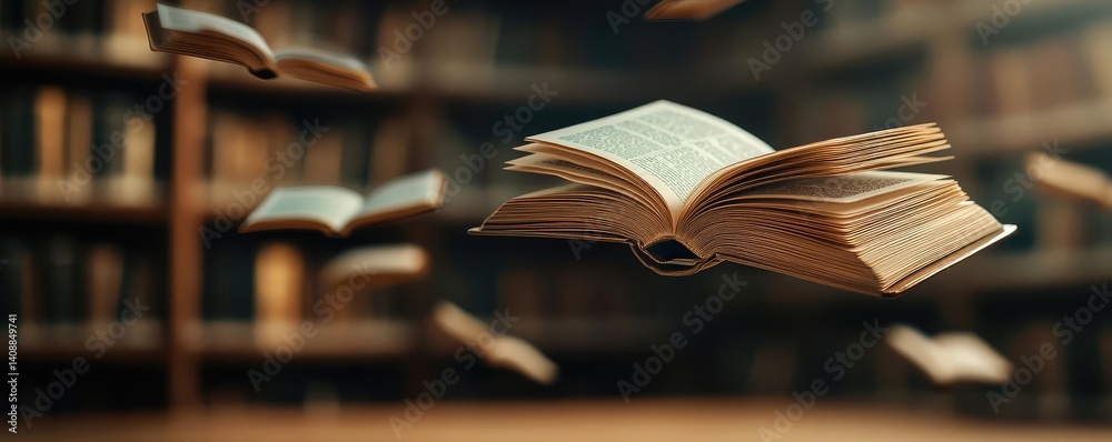 Poster books floating in the air with flying and education concept. floating books in a serene library, sho