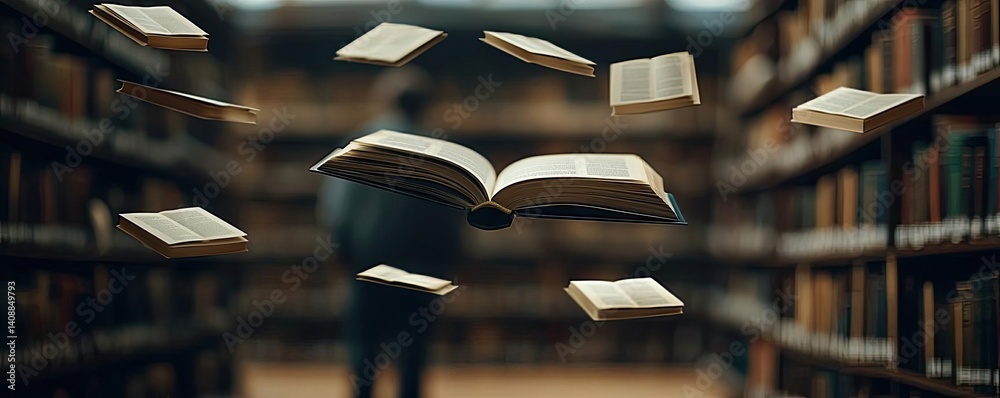 Poster Books floating in the air with flying and education concept. A mesmerizing view of floating books in an enchanting library.