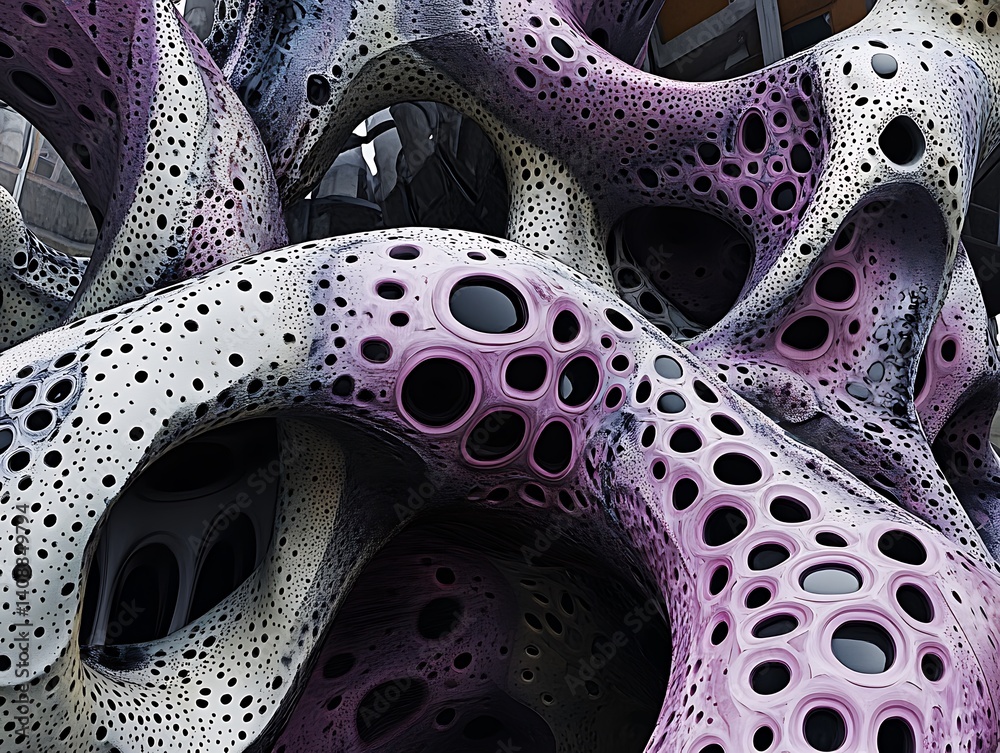 Poster a complex abstract architectural structure with many circular openings