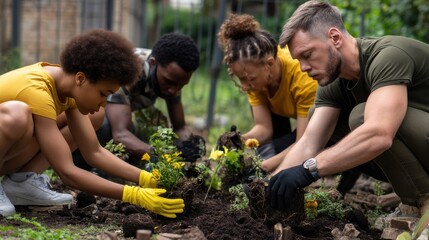 A group of people are planting flowers in a garden