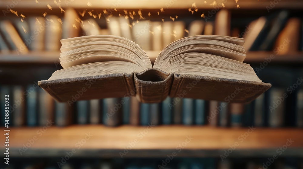 Poster books floating in the air on a library and shelf concept. an open book floating above a library shel