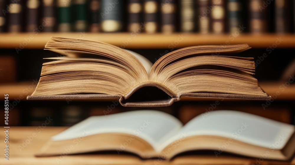 Poster books floating in the air on a library and shelf concept. an open book floats above a stacked book, 