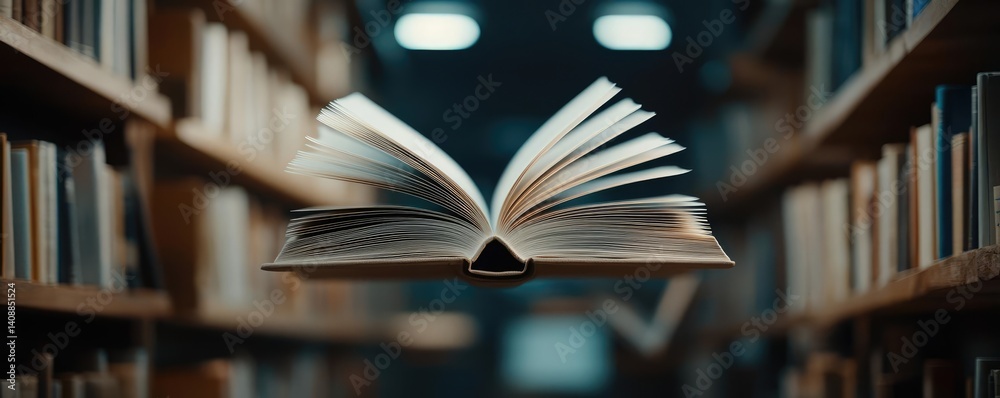 Poster books floating in the air with a focus on literature and cognition concept. a floating book amid lib