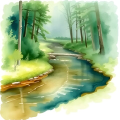 Watercolor painting of a quiet river winding through a forest, with soft greens and blues capturing the serene beauty of nature as revered by transcendentalists