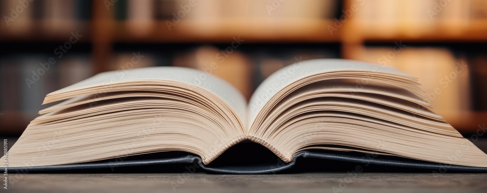 Aufkleber Books floating in the air with a focus on literature and cognition concept. An open book on a wooden table with a blurred library background.
