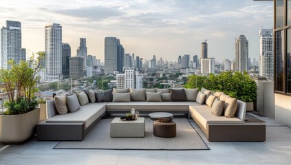 Fototapeta premium Luxury Rooftop Cityscape: Panoramic Views and Modern Outdoor Furniture