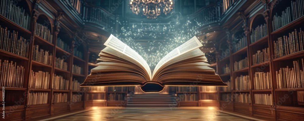 Poster Books floating in the air on a library and shelf concept. An open book surrounded by a grand library atmosphere.