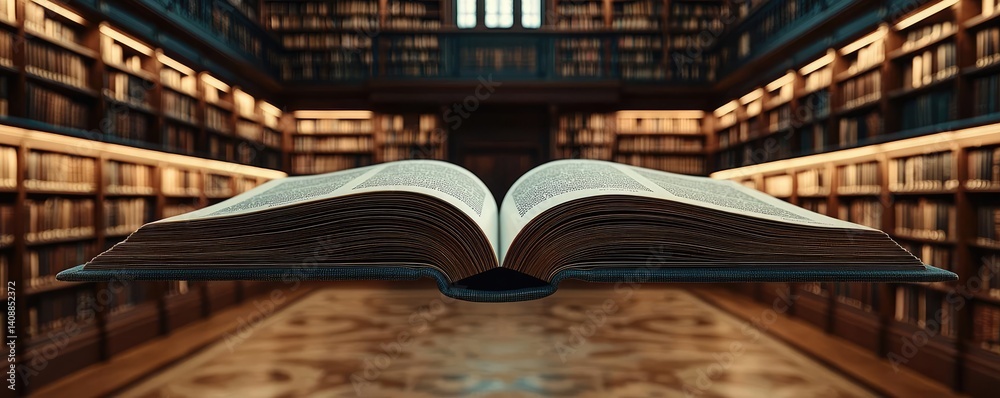 Poster books floating in the air on a library and shelf concept. an open book in a grand library setting fi