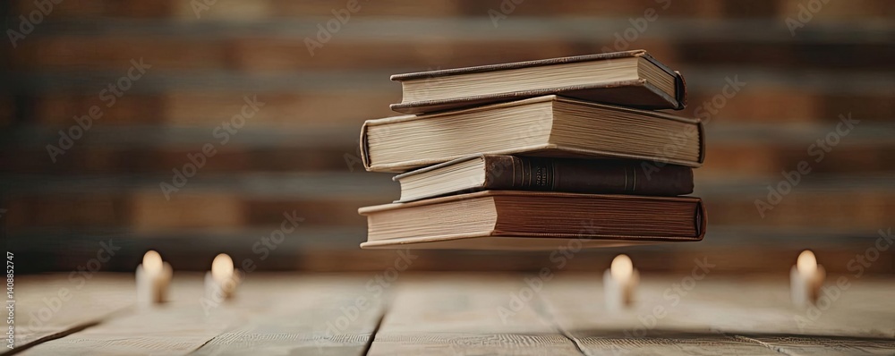 Poster Books floating in the air with a focus on literature and cognition concept. A stack of old books floating above a rustic wooden surface.