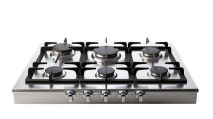 Stainless steel gas stove top with six burners close up view a transparent background