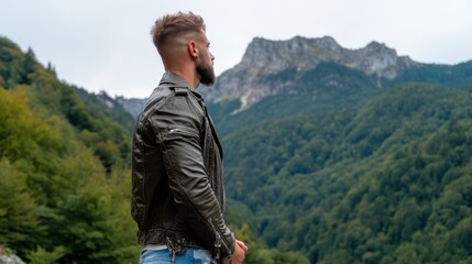 Naklejka premium A man with a beard and a leather jacket stands in front of a mountain