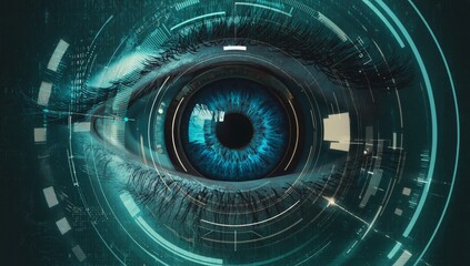 Close-up of human eye with digital technology interface, glowing blue iris surrounded by futuristic geometric patterns, representing artificial intelligence, data processing, digital vision concept.