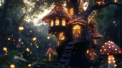 Obraz premium Enchanted Fantasy Treehouse with Glowing Windows in Forest, Fairytale Lighting & Mushrooms