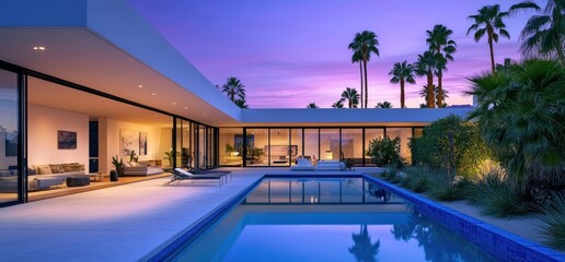 Fototapeta premium Modern Desert Oasis: Luxury Home with Pool at Dusk