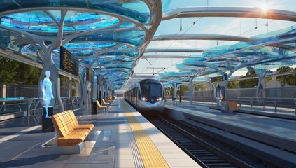 Futuristic train station with digital holograms, transparent canopy design, modern seating, and sleek train arriving on track — perfect for public transit, smart cities, travel, and innovation themes.