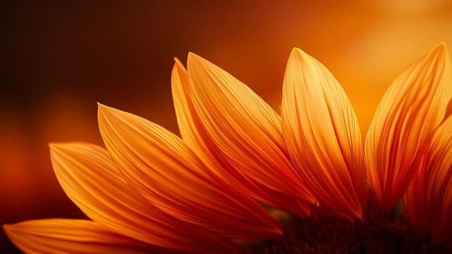 Close up of vibrant orange sunflower petals against warm, blurred background creates serene and uplifting atmosphere, highlighting natures beauty.