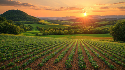 Obraz premium Sunset over rural hillside farm with lush green rows of crops.