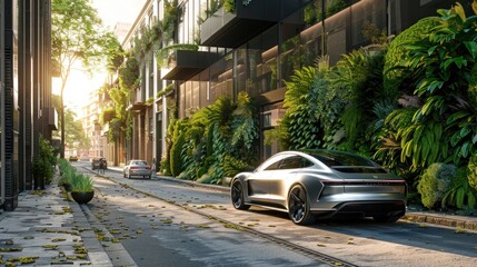 Fototapeta premium Urban alleyway with car under soft warm light