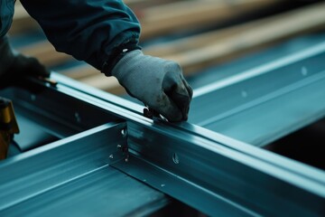 A construction worker securing metal studs for a building frame. Featuring framing and precision work