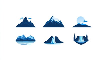 Blue mountain landscape icons; nature, travel, website, design