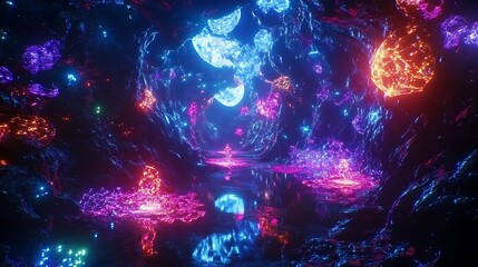 Global neon metaverse world with cyber space and digital technology connections glowing in vibrant colors