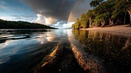 A beautiful rainbow is seen over a body of water