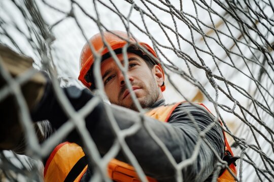 A construction worker securing safety nets around a building site. Featuring safety equipment installation