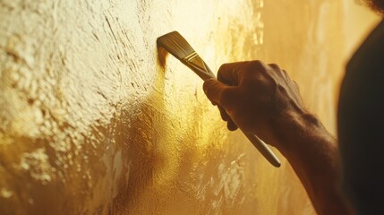Painter applying finishing touch to wall in living room. Featuring attention to detail and aesthetic