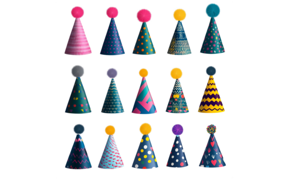 isolated PNG vibrant collection of colorful party hats with various patterns pom-poms on white transparent background