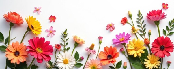 Vibrant colorful arrangement of assorted floral types on a soft white background, garden flowers, botanicals