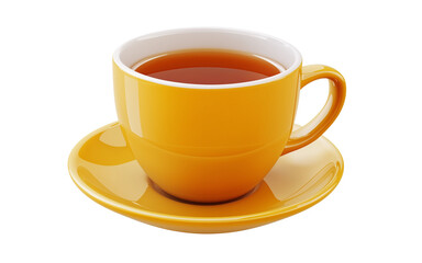 Obraz premium isolated PNG warm cup of tea with a rich amber color, served in a yellow ceramic mug on a white saucer on white transparent background