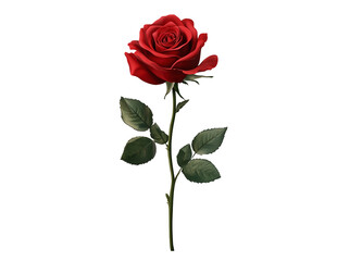 isolated PNG beautiful red rose with a green stem and leaves on white transparent background